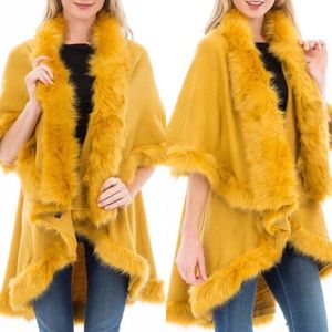 Elegant Mustard Cape with Faux Fur Trim
